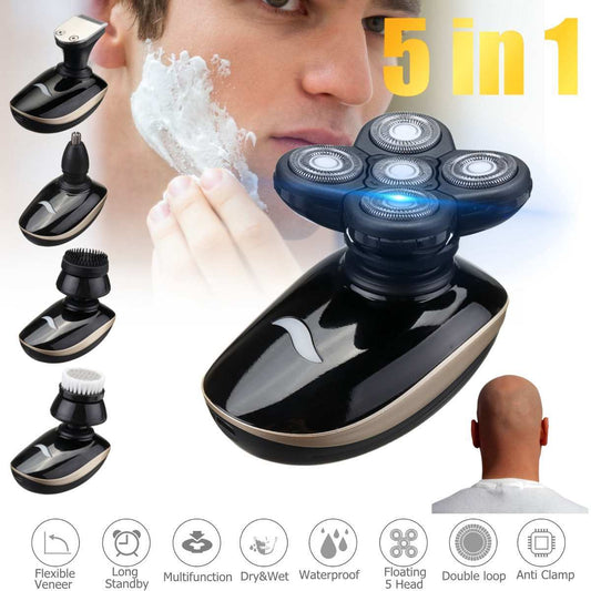 5-in-1 4D Electric Head Shaver for Men – Rechargeable Bald Head Razor with 5 Floating Heads, Beard, Nose & Ear Trimmer, Facial Brush